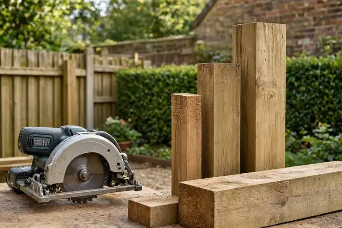 Circular saw beside timber fence and decking posts