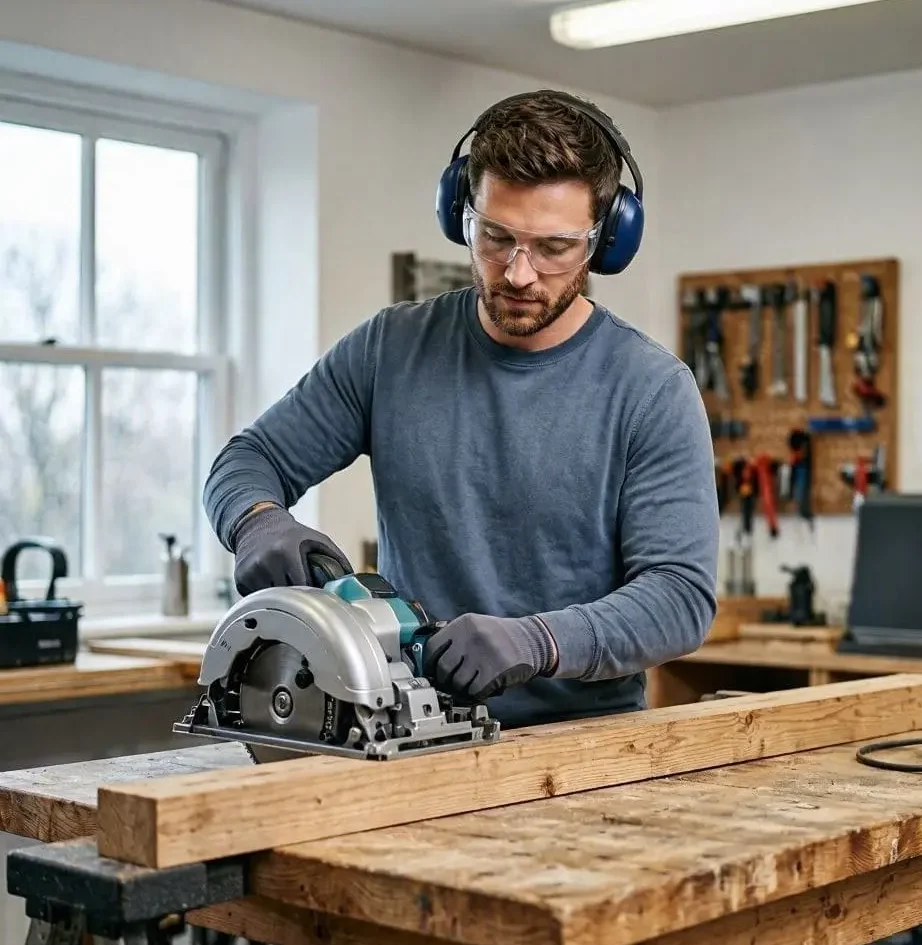 DIY beginner using a cordless circular saw to cut timber