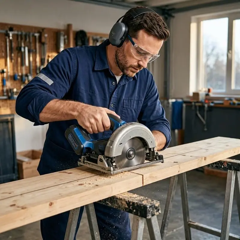 Circular saw making a straight cut in timber