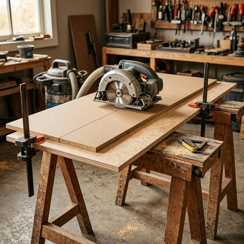 Chipboard securely supported for circular saw cutting