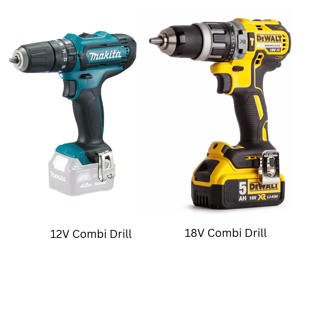 12v Makita combi drill beside a DeWalt 18V combi drill
