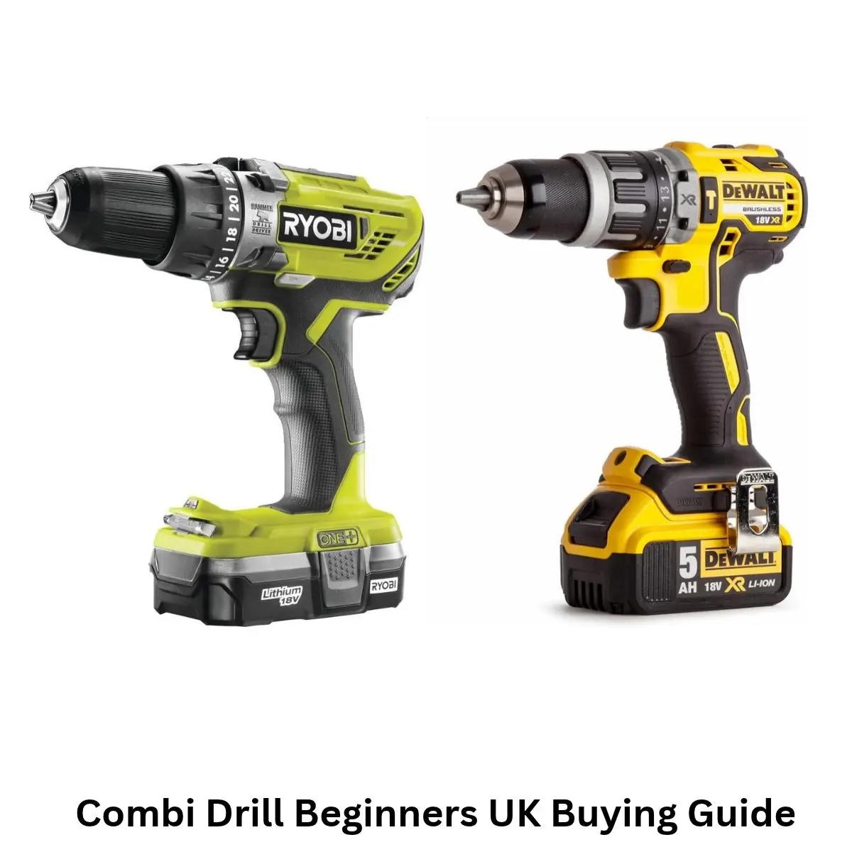 a ryobi combi drill beside a dewalt combi drill