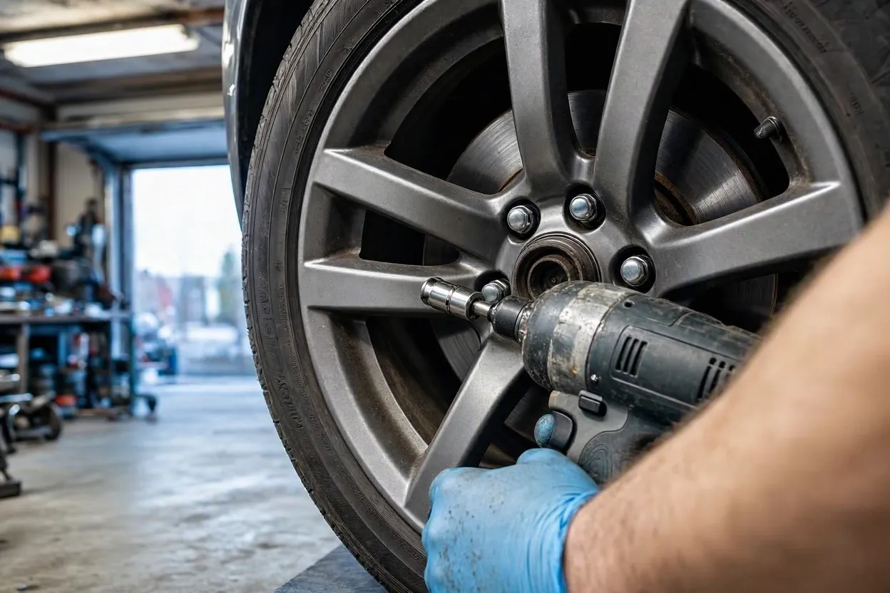 an impact driver beside a car wheel about to loosen car tyre nuts