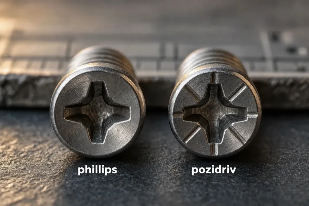 a philips screw head beside a pozidriv screw head
