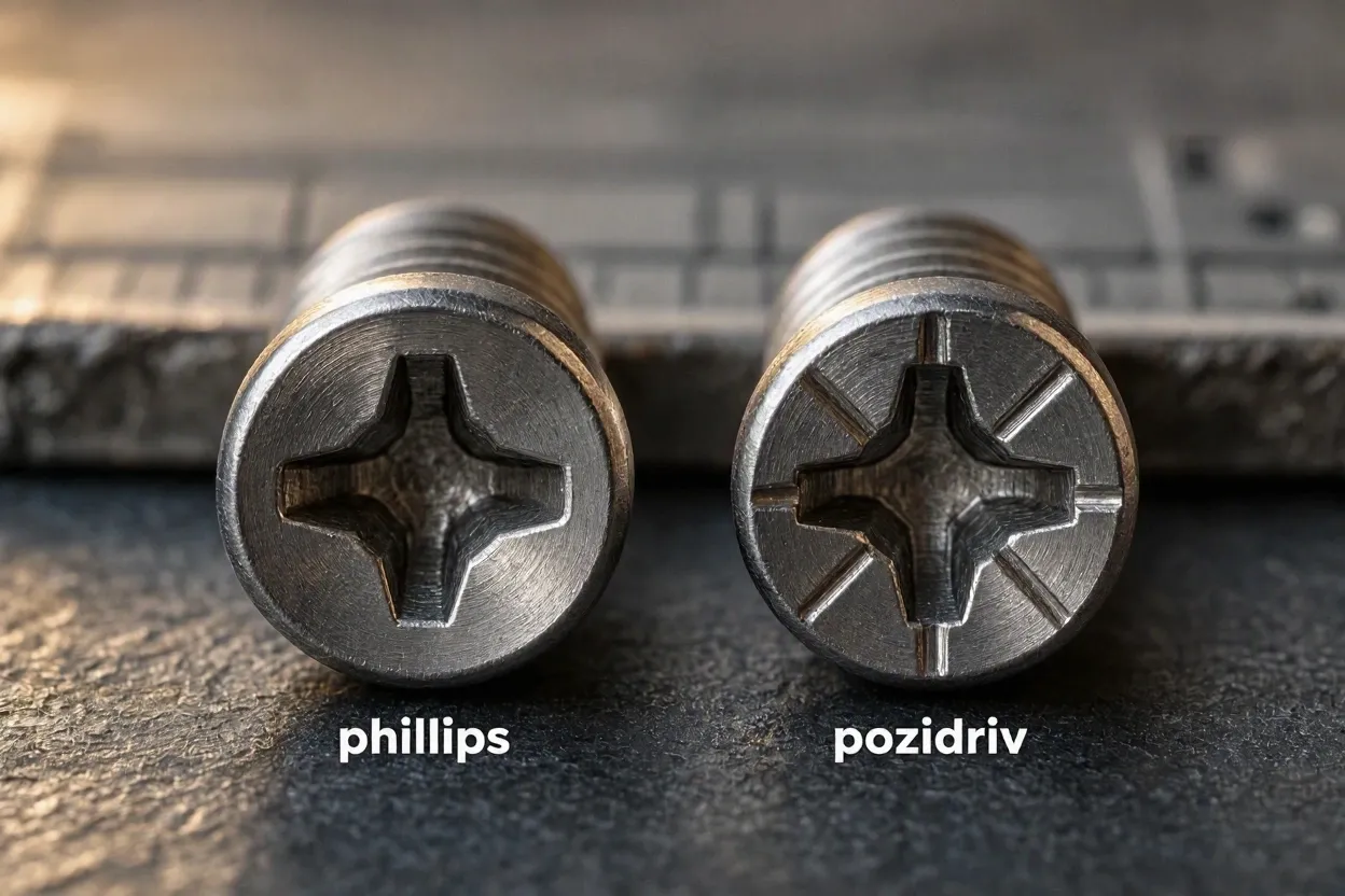 a philips screw head beside a pozidriv screw head