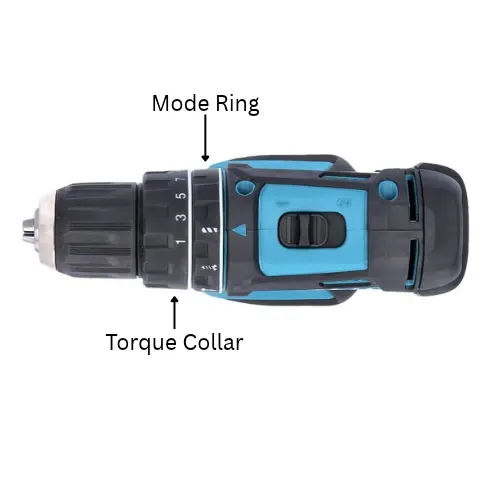 Makita combi drill showing torque collar and mode collar