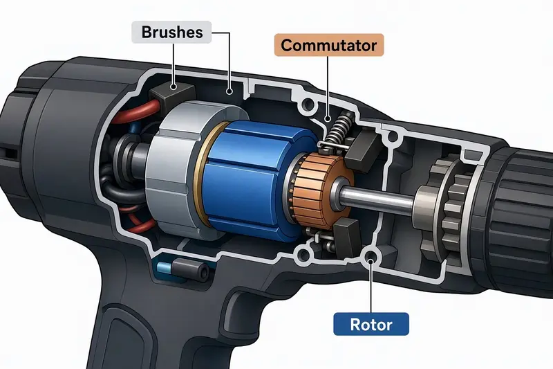 Diagram showing carbon brushes and commutator in a brushed drill motor
