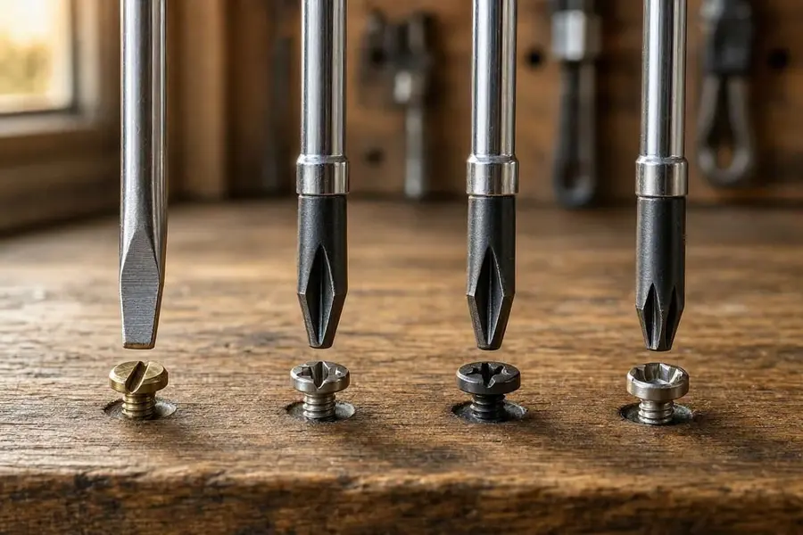 Common screwdriver types including slotted Phillips Pozidriv and Torx