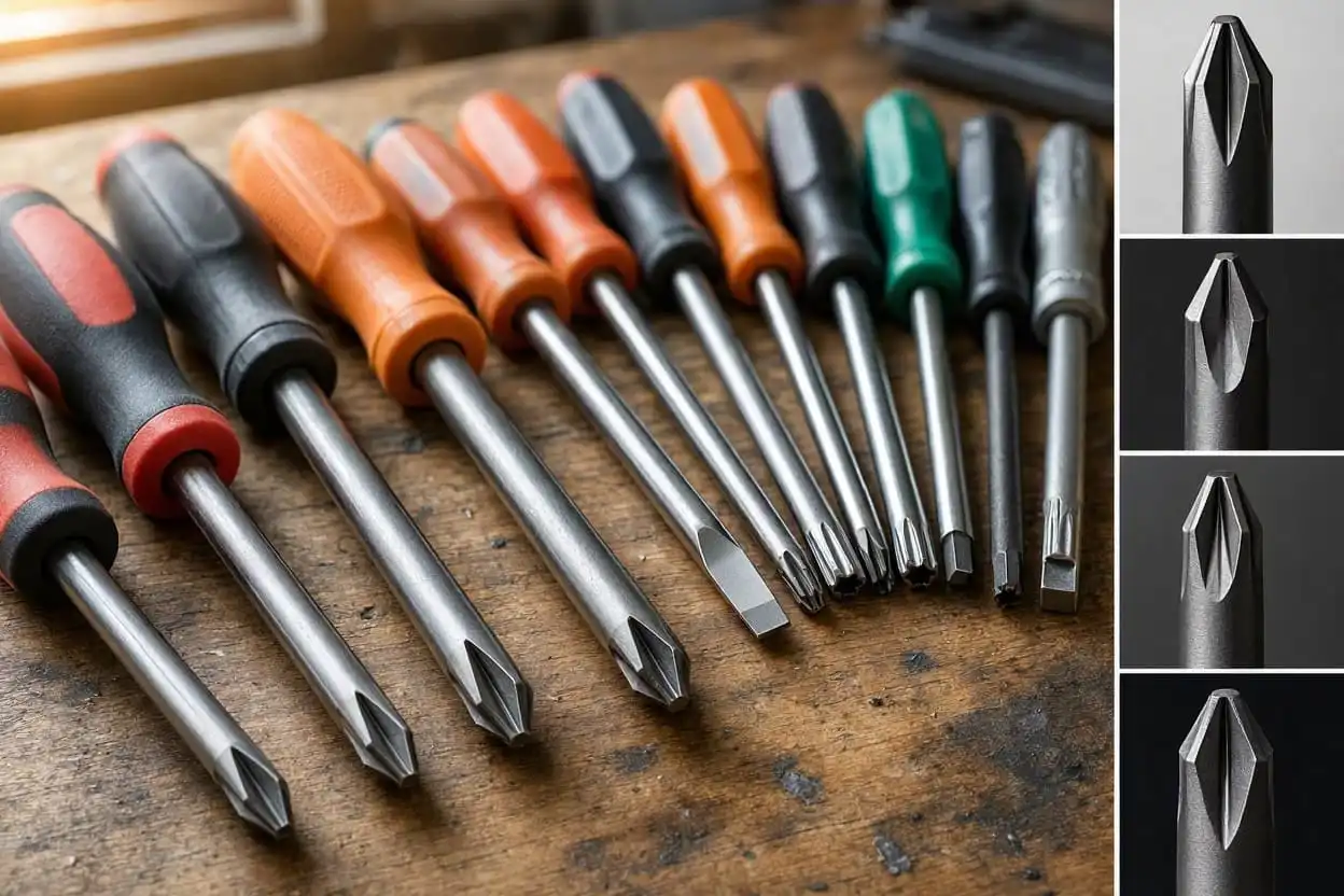 screwdriver sizes explained showing Phillips Pozidriv and Torx screwdriver tips