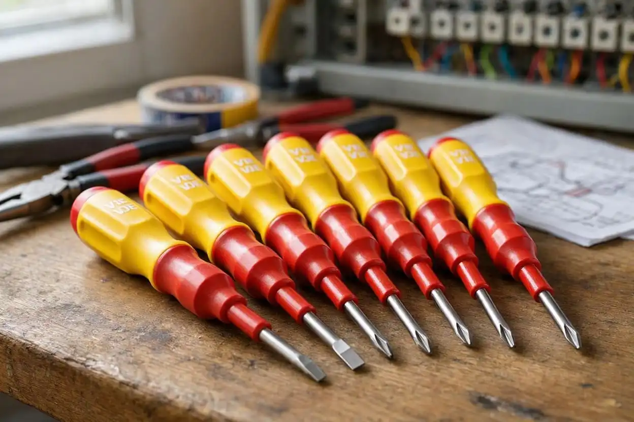 VDE insulated screwdrivers with protective insulated handles for electrical work